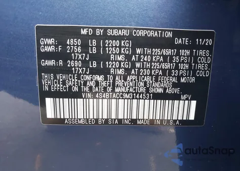 2021 Subaru Outback Premium из США, поврежденный, VIN 4S4BTACC9M3144531